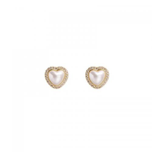 925 Sterling Silver Stud Earring with Plastic Pearl Heart plated micro pave cubic zirconia & for woman Sold By Pair