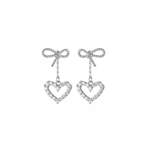925 Sterling Silver Drop Earring Heart plated micro pave cubic zirconia & for woman & hollow 29.50mm Sold By Pair