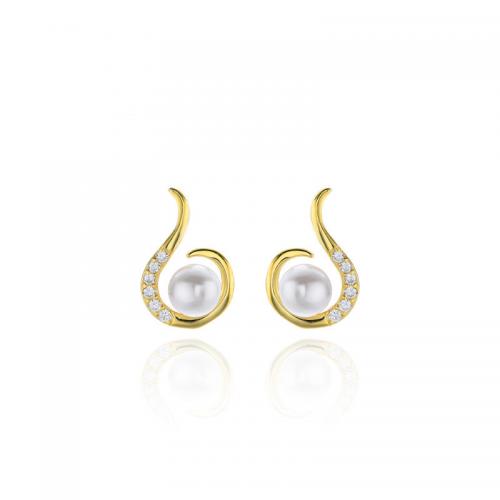 925 Sterling Silver Stud Earring with Shell Pearl plated micro pave cubic zirconia & for woman Sold By Pair