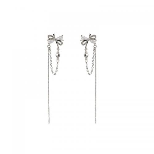 925 Sterling Silver Drop Earring Bowknot platinum plated micro pave cubic zirconia & for woman 80mm Sold By Pair