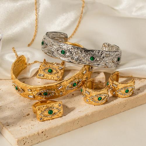 Evil Eye Sieraden Set, armband & vinger ring & oorbel & halsketting, 304 roestvrij staal, plated, mode sieraden & verschillende stijlen voor de keuze & met strass, gouden, Verkocht door PC