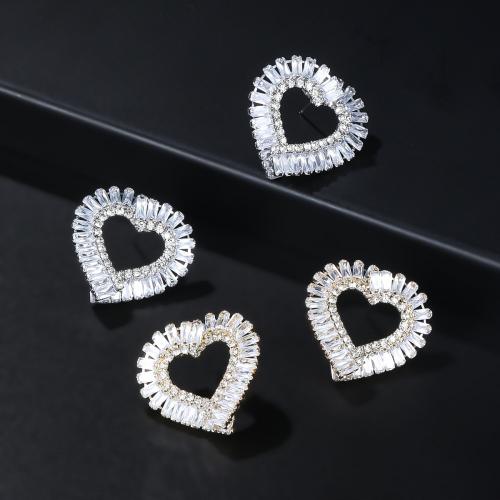 Cubic Zirconia Micro Pave Brass Earring Heart fashion jewelry & micro pave cubic zirconia & for woman & hollow nickel lead & cadmium free Sold By Pair