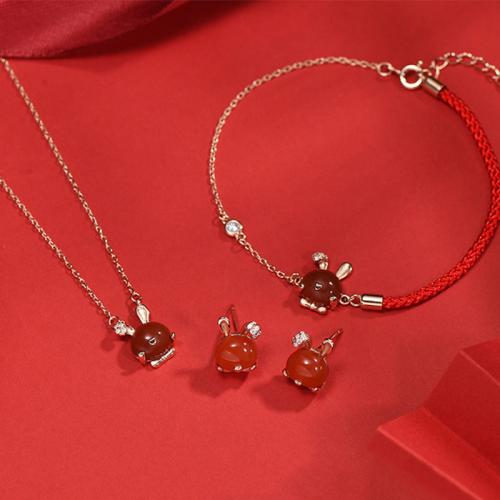 925 Sterling Silver Jewelry Set with Red Agate Rabbit rose gold color plated & micro pave cubic zirconia & for woman Sold By PC