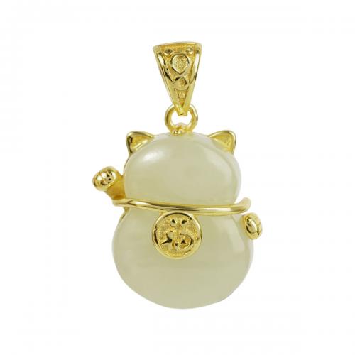925 Sterling Silver Necklace with Hetian Jade with 2inch extender chain Fortune Cat gold color plated fashion jewelry & for woman Length Approx 15.7 Inch Sold By PC
