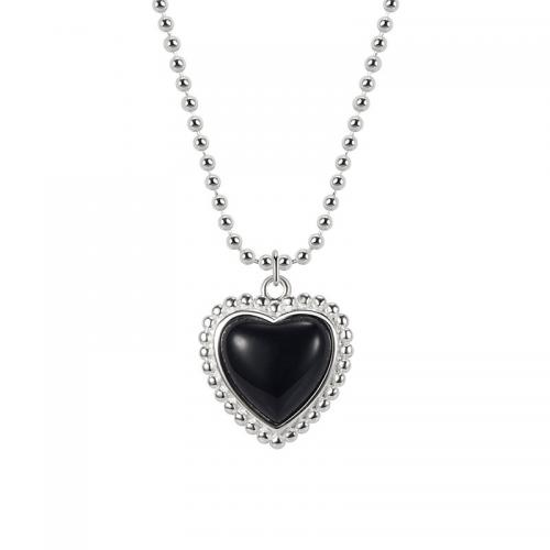 925 Sterling Silver Necklace with Black Agate with 2inch extender chain Heart fashion jewelry & ball chain & for woman silver color Length Approx 15.7 Inch Sold By PC