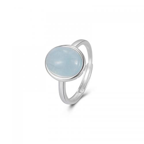 925 Sterling Silver Cuff Finger Ring with Aquamarine Oval adjustable & for woman silver color US Ring Sold By PC