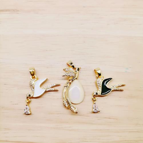 Cubic Zirconia Brass Pendants with Cubic Zirconia & Cats Eye Bird gold color plated DIY & enamel nickel lead & cadmium free Sold By PC