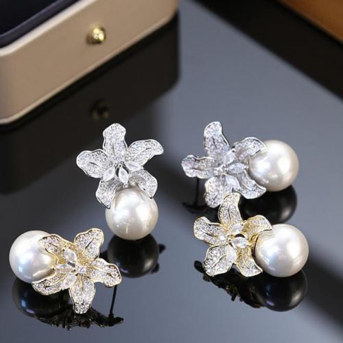 Cubic Zirconia Micro Pave Brass Earring with Shell Pearl Flower 18K gold plated fashion jewelry & micro pave cubic zirconia & for woman nickel lead & cadmium free Sold By Pair