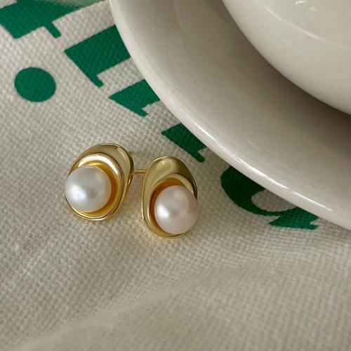 925 Sterling Silver Stud Earring with Freshwater Pearl plated Korean style & for woman Sold By Pair