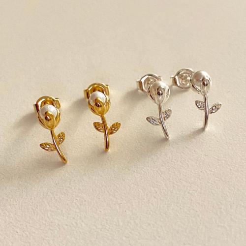 925 Sterling Silver Stud Earring with Freshwater Pearl Flower plated Korean style & for woman Sold By Pair