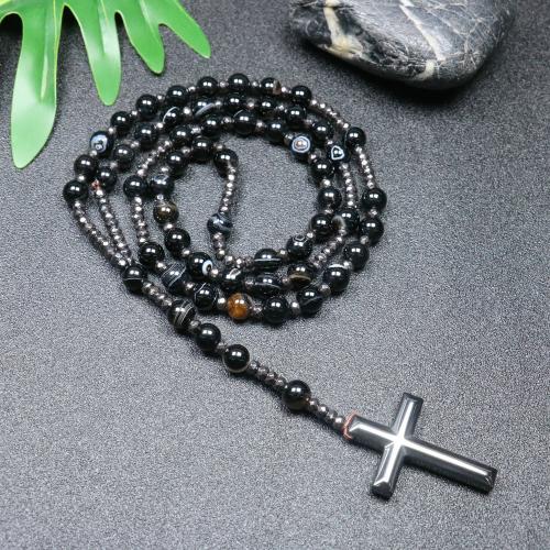 Rosary Necklace, Lace Agate, with Hematite, Cross, fashion jewelry & Unisex, mixed colors, 110mm, Length:Approx 78 cm, Sold By PC