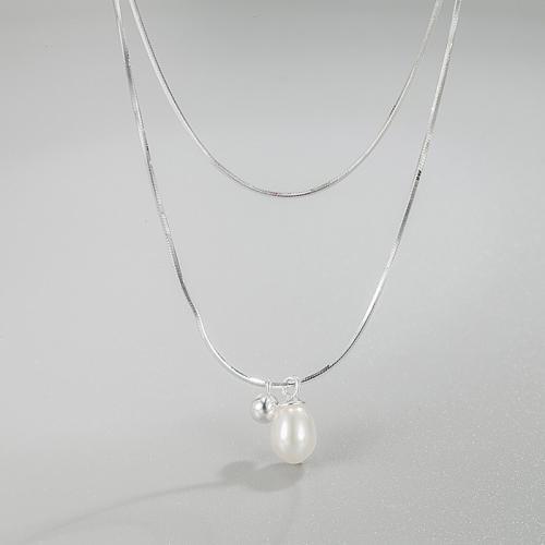 925 Sterling Silver Necklaces with Freshwater Pearl with 1.97inch extender chain Double Layer & fashion jewelry & for woman nickel lead & cadmium free Length Approx 15.74 Inch Approx 17.71 Inch Sold By PC