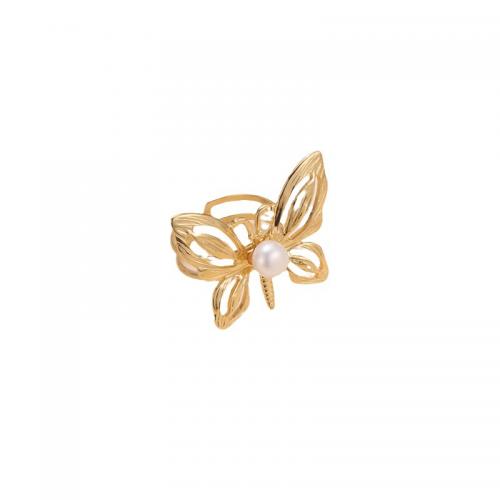 Rostfritt stål Fingerringar, 304 rostfritt stål, med Plast Pearl, Fjäril, mode smycken & för kvinna, gyllene, Säljs av PC
