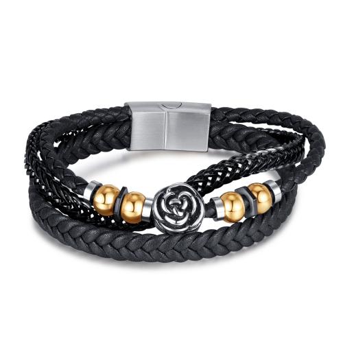 PU Leather Cord Bracelets with 304 Stainless Steel Rose Vacuum Ion Plating vintage & multilayer & for man black Length 205 mm Sold By PC