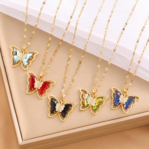 Titanium Steel Necklace with Crystal & Brass Butterfly real gold plated wave chain & micro pave cubic zirconia & for woman Length Approx 17.7 Inch Sold By PC