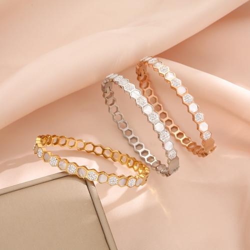 304 Stainless Steel Bangle with White Shell Hexagon Vacuum Ion Plating for woman & with rhinestone Inner Approx 55mm Sold By PC