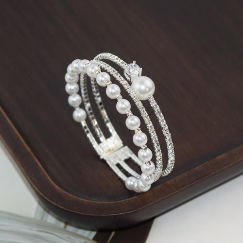 Iron Bracelet with Plastic Pearl silver color plated micro pave cubic zirconia & for woman & with rhinestone silver color nickel lead & cadmium free width 12mm Inner Approx 55mm Sold By PC
