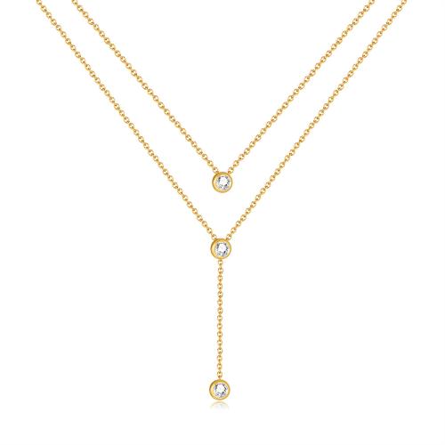 Stainless Steel Jewelry Necklace 304 Stainless Steel with Cubic Zirconia Vacuum Ion Plating Double Layer & fashion jewelry & for woman golden Length 40 cm Sold By PC