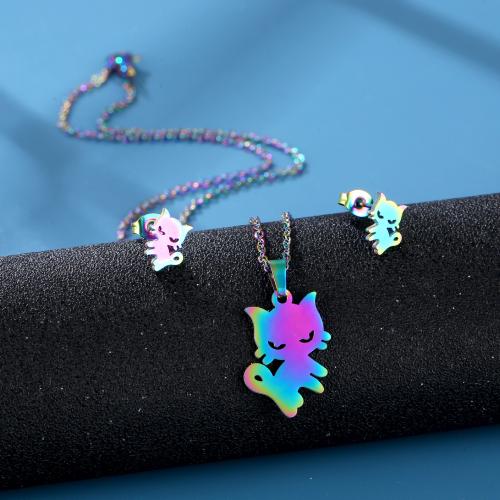 Fashion Stainless Steel Jewelry Sets Stud Earring & necklace 304 Stainless Steel Cat polished for woman multi-colored Length Approx 45 cm Sold By Set
