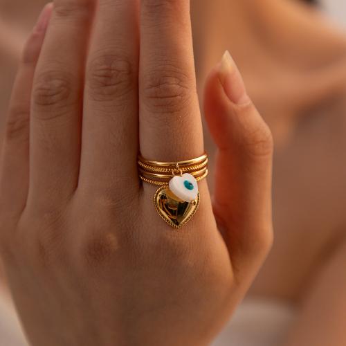 Evil Eye sieraden vinger ring, 304 roestvrij staal, Hart, plated, mode sieraden & glazuur, gouden, Ring inner diameter:1.83cm, Verkocht door PC