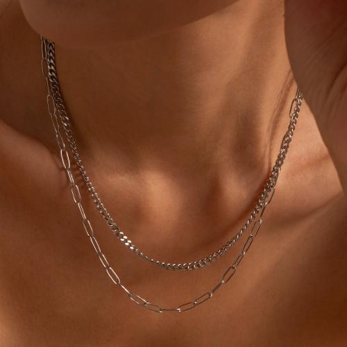 Stainless Steel Jewelry Necklace 304 Stainless Steel plated fashion jewelry & multilayer silver color Sold By PC