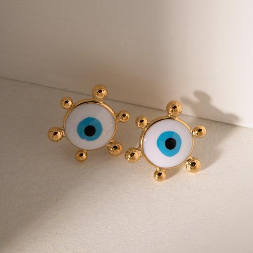 Evil Eye Oorbellen, 304 roestvrij staal, Boze oog, plated, mode sieraden & glazuur, gouden, 24mm, Verkocht door pair