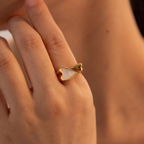 Rostfritt stål Fingerringar, 304 rostfritt stål, med White Shell, Hjärta, plated, mode smycken, gyllene, Ring inner diameter:1.76cm, Säljs av PC