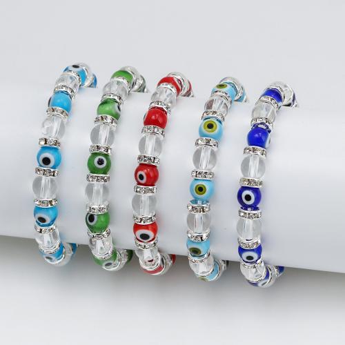Evil Eye Jewelry Bracelet Glass with Lampwork & Zinc Alloy Round silver color plated fashion jewelry & Unisex & with rhinestone 8mm Length Approx 17.5 cm Sold By PC