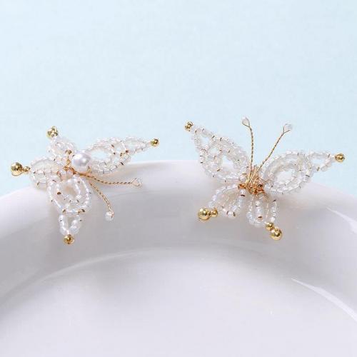 Hair Accessories DIY Findings, Glass Beads, with Plastic Pearl & Brass, Butterfly, more colors for choice, 34x27mm, Sold By PC