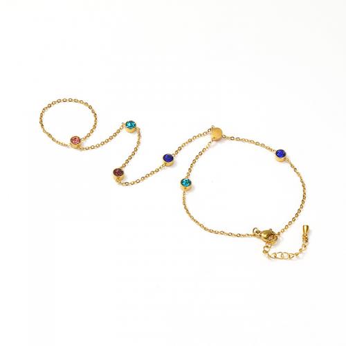 Gothic -Armband-Ring, Titanstahl, mit Verlängerungskettchen von 4CM, Micro pave Zirkonia & für Frau, goldfarben, Länge ca. 16.5 cm, verkauft von PC