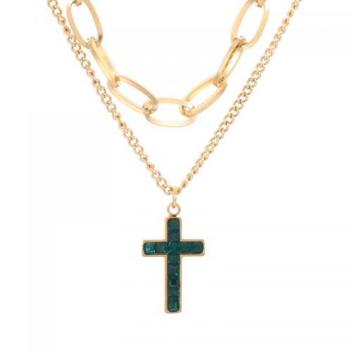 Stainless Steel Jewelry Necklace, 304 Stainless Steel, Cross, Vacuum Ion Plating, Double Layer & for woman & with rhinestone, golden, 19x11mm, Length:Approx 15.75 Inch, Approx 17.72 Inch, Sold By PC