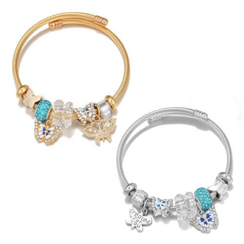 304 Stainless Steel European Bangle with zinc alloy bead & Resin Butterfly plated adjustable & for woman & enamel & with rhinestone Inner Approx 60mm Sold By PC