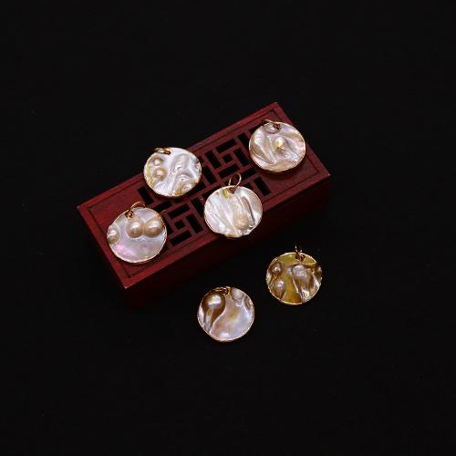 Shell Pendants with pearl & Brass Flat Round gold color plated DIY mixed colors 25mm Sold By PC
