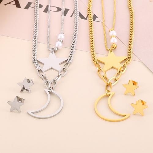 Fashion Stainless Steel Jewelry Sets Stud Earring & necklace 304 Stainless Steel Moon and Star Vacuum Ion Plating 2 pieces & Double Layer & for woman Length Approx 15.75 Inch Approx 17.72 Inch Sold By Set