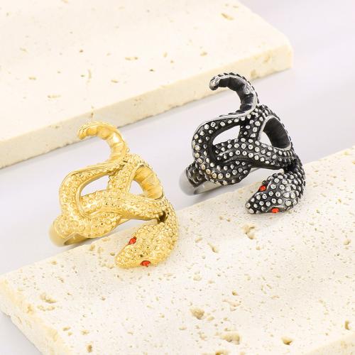 Rhinestone Stainless Steel Finger Ring 304 Stainless Steel Snake Vacuum Ion Plating & for man & with rhinestone Sold By PC