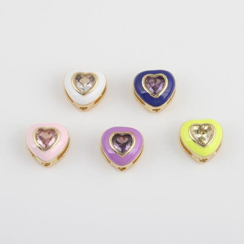Cubic Zirconia Micro Pave Brass Beads Heart gold color plated DIY & micro pave cubic zirconia & enamel nickel lead & cadmium free Sold By PC