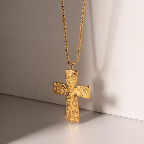 Edelstahl Schmuck Halskette, 304 Edelstahl, mit Verlängerungskettchen von 5.5cm, Kreuz, plattiert, Modeschmuck, goldfarben, 30x43mm, Länge 61 cm, verkauft von PC