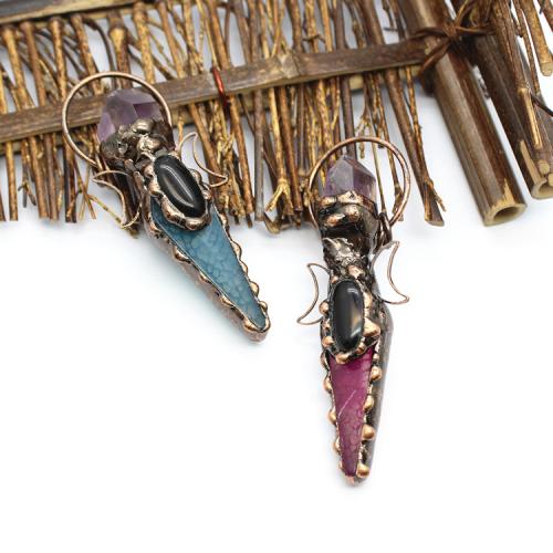 Bijoux pendentifs agate, avec Obsidienne & améthyste & laiton, Plaqué de couleur de cuivre antique, bijoux de mode & DIY & creux, plus de couleurs à choisir, 85x28x15mm, Vendu par PC