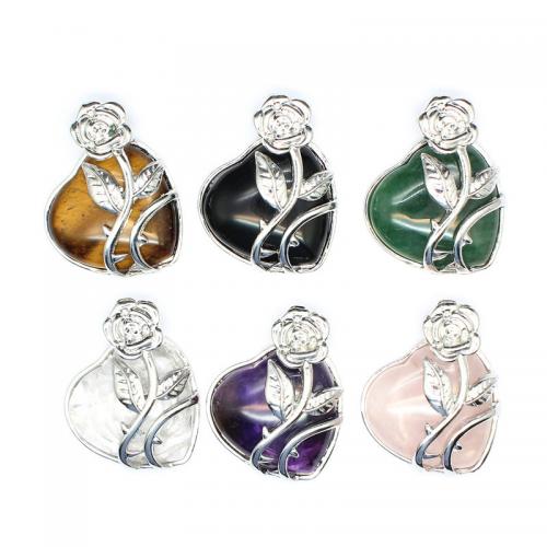 Gemstone Pendants Jewelry Natural Stone with Brass Heart silver color plated fashion jewelry & DIY Sold By PC