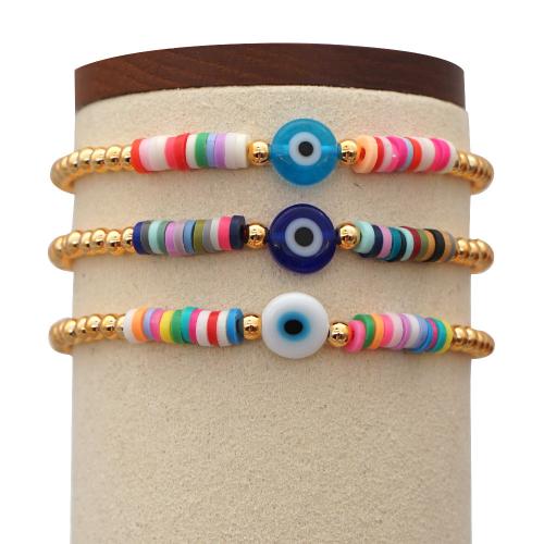 Evil Eye smykker armbånd, Polymer Clay, med Lampwork & Messing, Flad Rund, guldfarve belagt, mode smykker & for kvinde, flere farver til valg, Længde Ca. 18 cm, Solgt af PC
