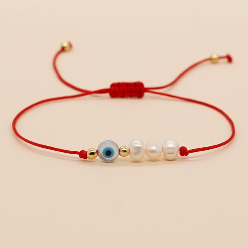 Evil Eye Jewelry Bracelet Freshwater Pearl with Cotton Cord handmade Length Adjustable & fashion jewelry & for woman Length Approx 11.02 Inch Sold By PC