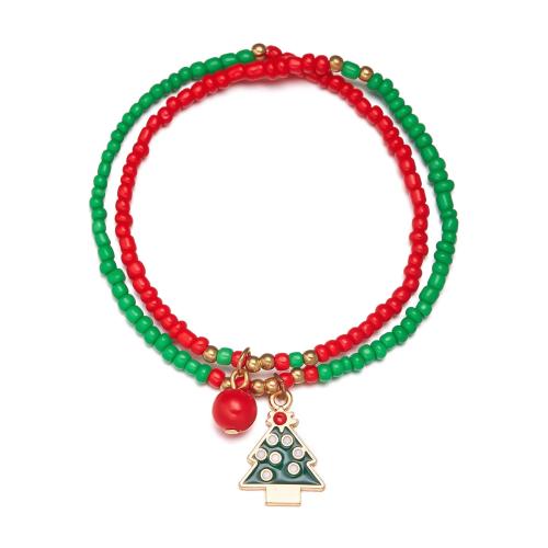 Christmas Holiday Bracelet Seedbead with Zinc Alloy gold color plated Double Layer & Christmas Design & fashion jewelry & for woman & enamel Length Approx 18 cm Sold By PC