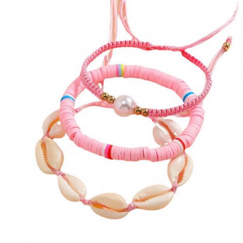 Shell Jewelry Bracelet Polymer Clay with Polyester Cord & Shell & Plastic Pearl handmade three pieces & Bohemian style & for woman Sold By PC