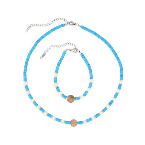 Turquoise Jewelry Sets with Natural Stone & Freshwater Pearl & 304 Stainless Steel with 5cm extender chain fashion jewelry & for woman Length Approx 17 cm Approx 40 cm Sold By PC