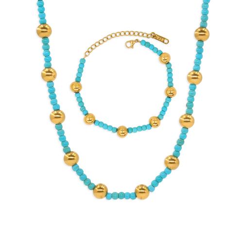 Turquoise Jewelry Sets with 304 Stainless Steel with 5cm extender chain Vacuum Ion Plating fashion jewelry & for woman Length Approx 16 cm Approx 40 cm Sold By PC