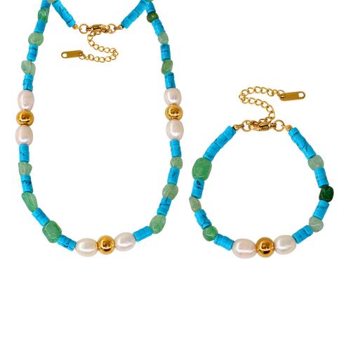 Turquoise Jewelry Sets with Gemstone & Freshwater Pearl & 304 Stainless Steel with 5cm extender chain Vacuum Ion Plating fashion jewelry & for woman Length Approx 17 cm Approx 40 cm Sold By PC
