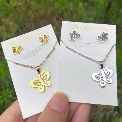 Fashion Stainless Steel Jewelry Sets Stud Earring & necklace 304 Stainless Steel Butterfly 2 pieces & fashion jewelry & for woman ear stud 10*8mm pendant 14*17mm Length Approx 17.72 Inch Sold By Set