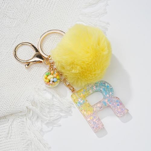 Fur Ball Pom Pom Keychain Zinc Alloy with Resin Alphabet Letter multifunctional & Unisex yellow nickel lead & cadmium free Sold By PC
