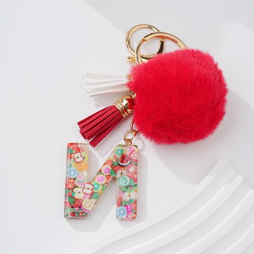 Fur Ball Pom Pom Keychain Zinc Alloy with Resin Alphabet Letter multifunctional & for woman red nickel lead & cadmium free Sold By PC