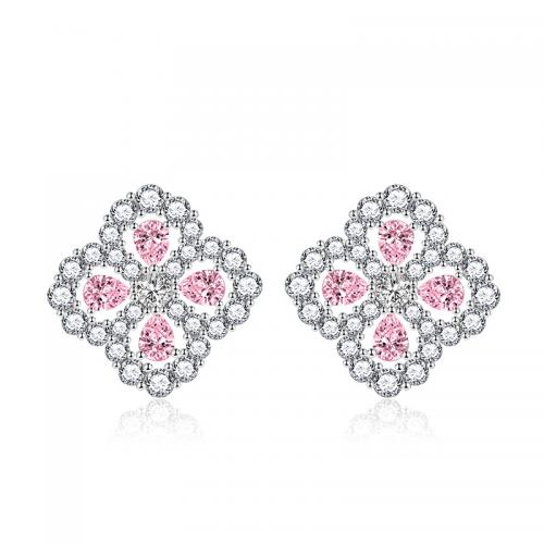 Cupronickel Stud Earring Four Leaf Clover silver color plated for woman & with rhinestone & hollow Sold By Pair